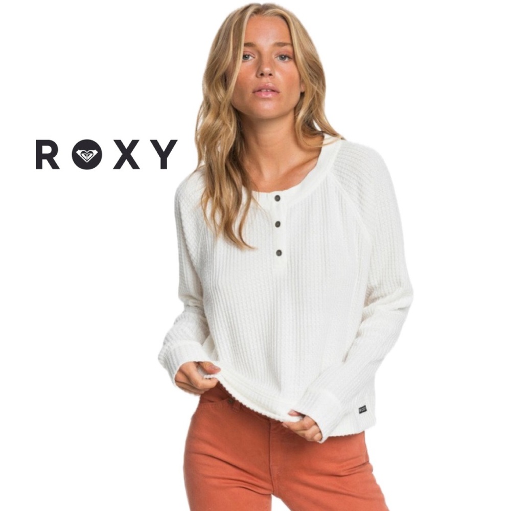 Roxy Off-White Long Sleeve Cosy Take it Home Waffle Knit Crop Top in Medium